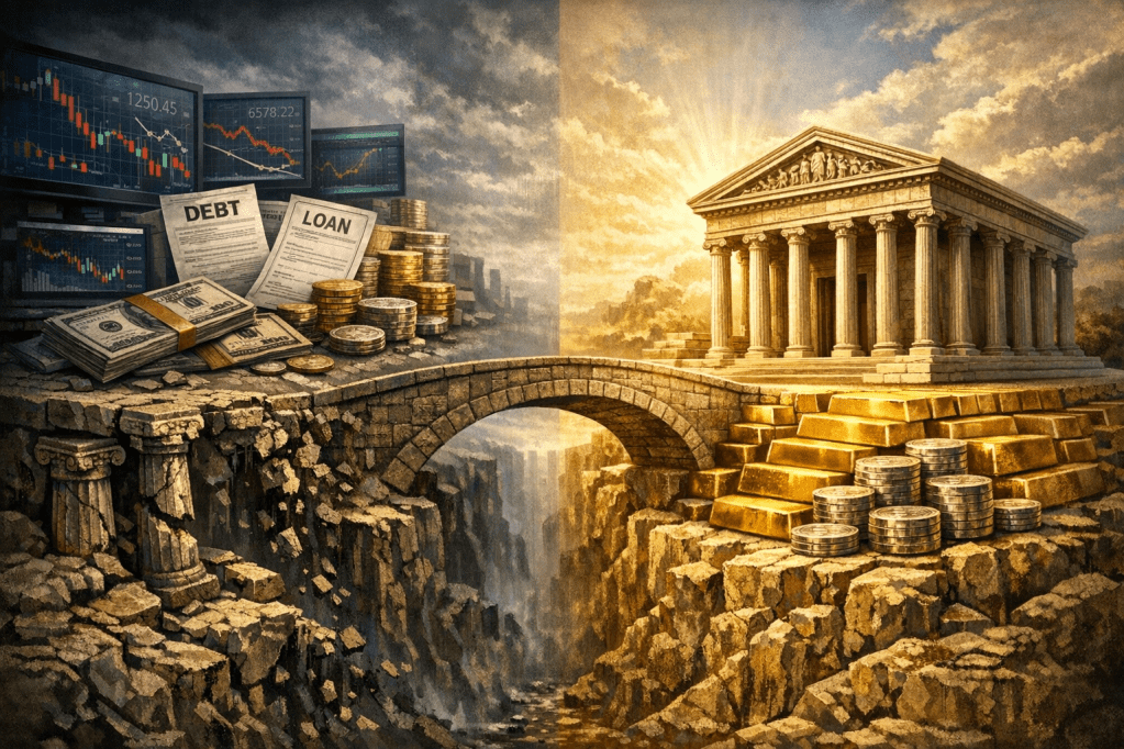 A symbolic representation of finance, featuring stacks of money, coins, and documents labeled 'Debt' and 'Loan' on one side, connected by a stone bridge to a grand, ancient-style building, all set against a dramatic sky.
